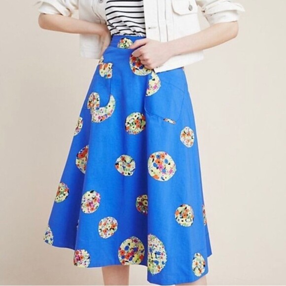 Anthropologie Blue Floral Printed Pattern A-Line Cotton Midi Skirt (NWT) - Picture 5 of 5